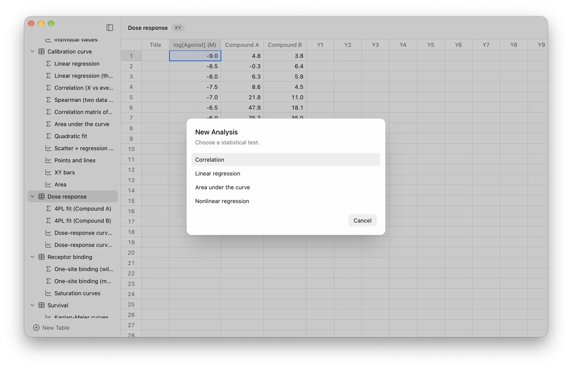 The New Analysis assistant in Helix proposing the tests that fit an XY dose-response table
